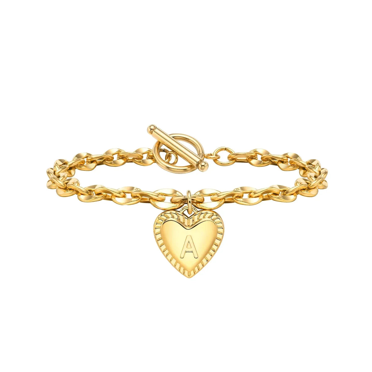14k Dainty Heart Engraved Letter Initial Bracelet