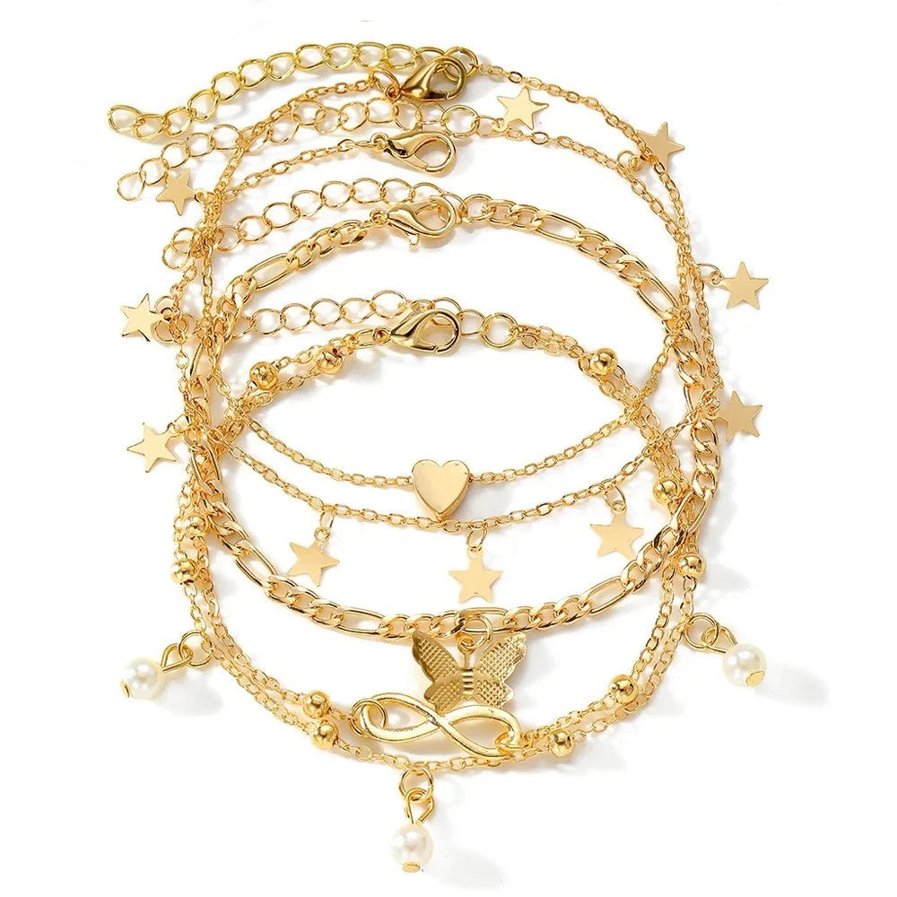 5pcs Dainty Feminine Anklet Set (Stars, Heart, Butterfly, Infinity, Pearls)