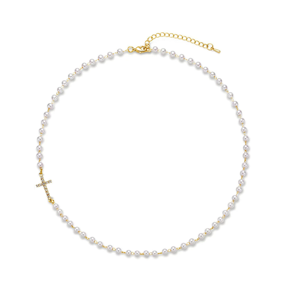 Dainty Faux Pearl Cross Station Choker Necklace