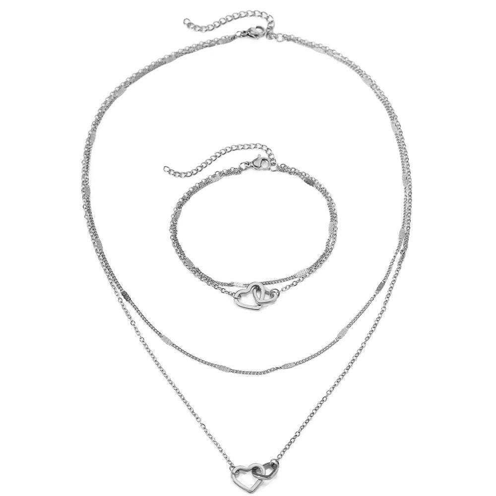 Dainty Curb & Chain Link Dual Heart Necklace and Bracelet Set