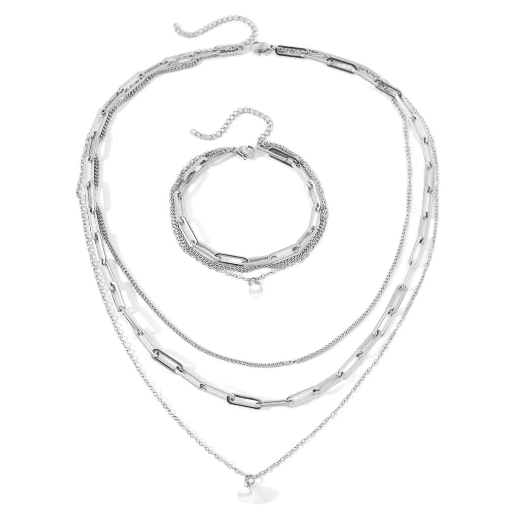Paperclip & Curb Chain Dainty Pearl Bracelet and Necklace Stack Set