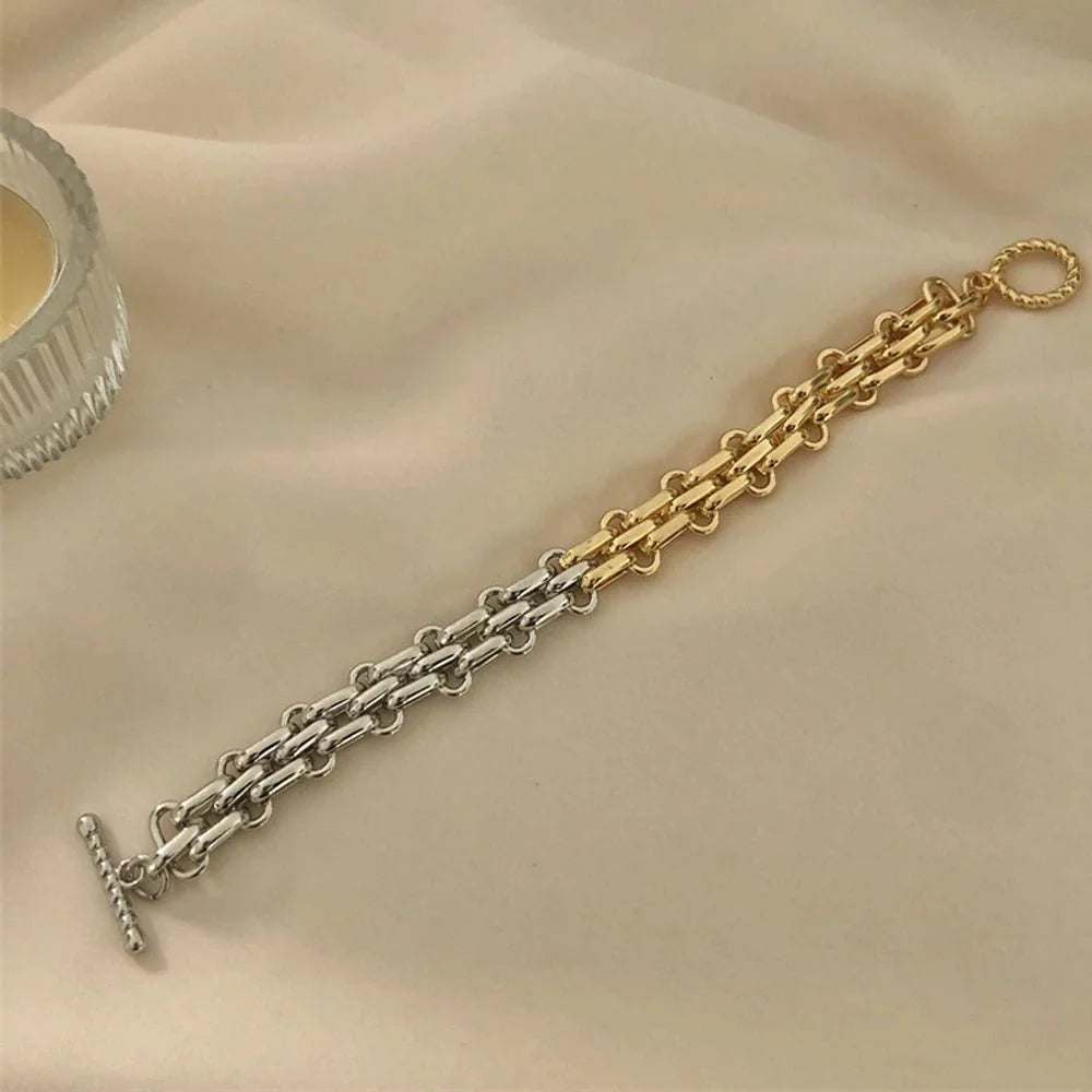 Chunky Two Tone Textured Circle Clasp Bracelet