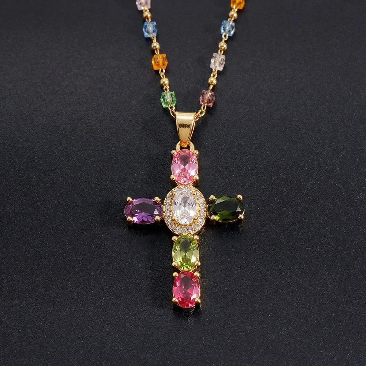 Dainty Colorful Gem Set Cross Necklace