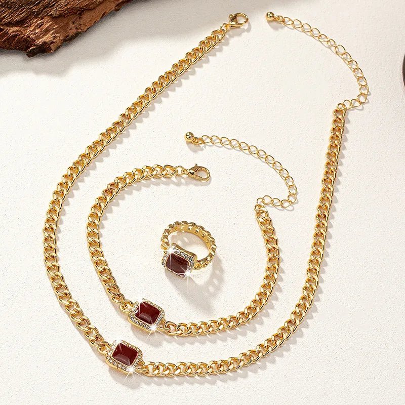 Cuban Square Diamond Necklace, Bracelet, and Ring Set