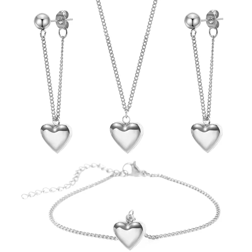 Dainty Heart Chain Necklace, Bracelet, and Earring Set