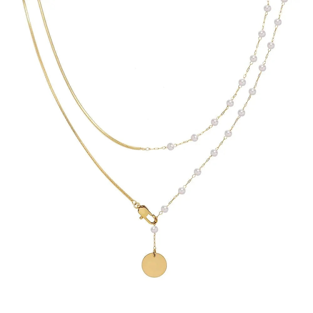 Dainty Layered Pearl Accented Herringbone Necklace