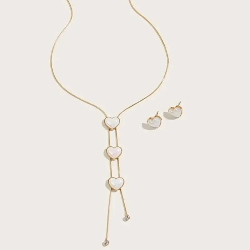 Dainty Pearl Heart Lariat Necklace and Earrings Set
