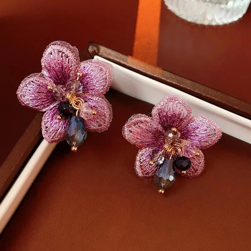 Purple Oriental Hibiscus Floral Earrings