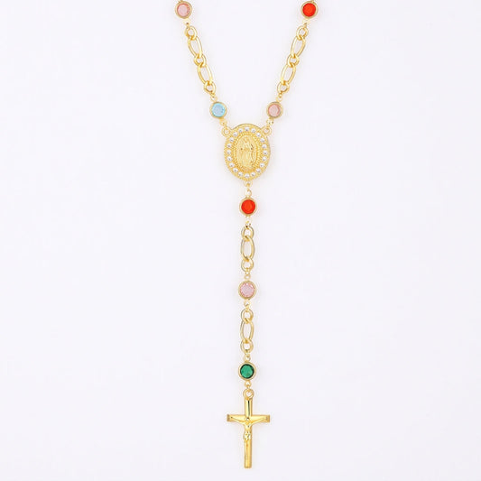 18k Figaro Rosary Virgin Mary Cross Lariat Necklace