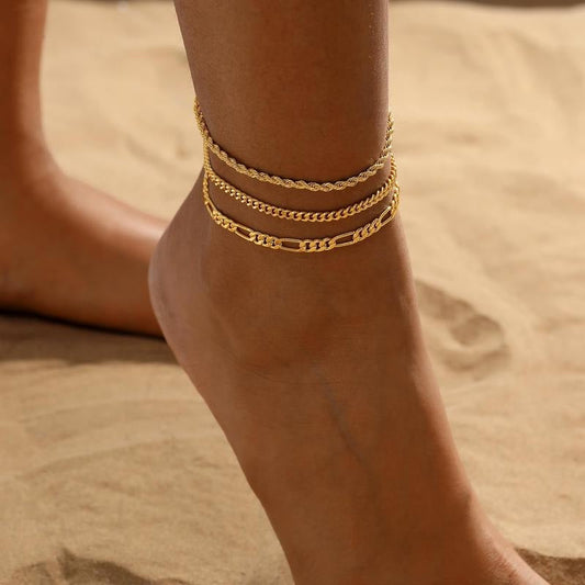 14k 3pc Classic Chains Anklet Stack