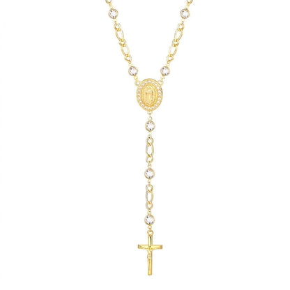 18k Figaro Rosary Virgin Mary Cross Lariat Necklace