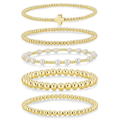 14k 5pc Beaded Cross Bracelet Stack
