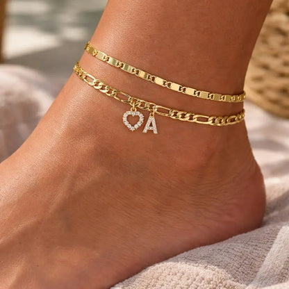 2pc 14k Letter Initial & Diamond Heart Anklet