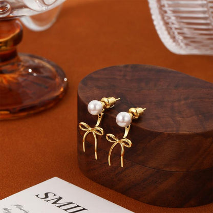 14k Pearl Accented Dangle Bow Earrings