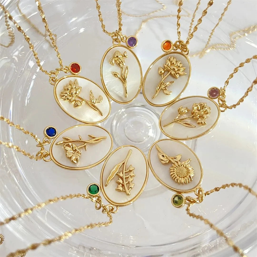 14k Dainty Birth Month Stone & Flower Charm Necklace
