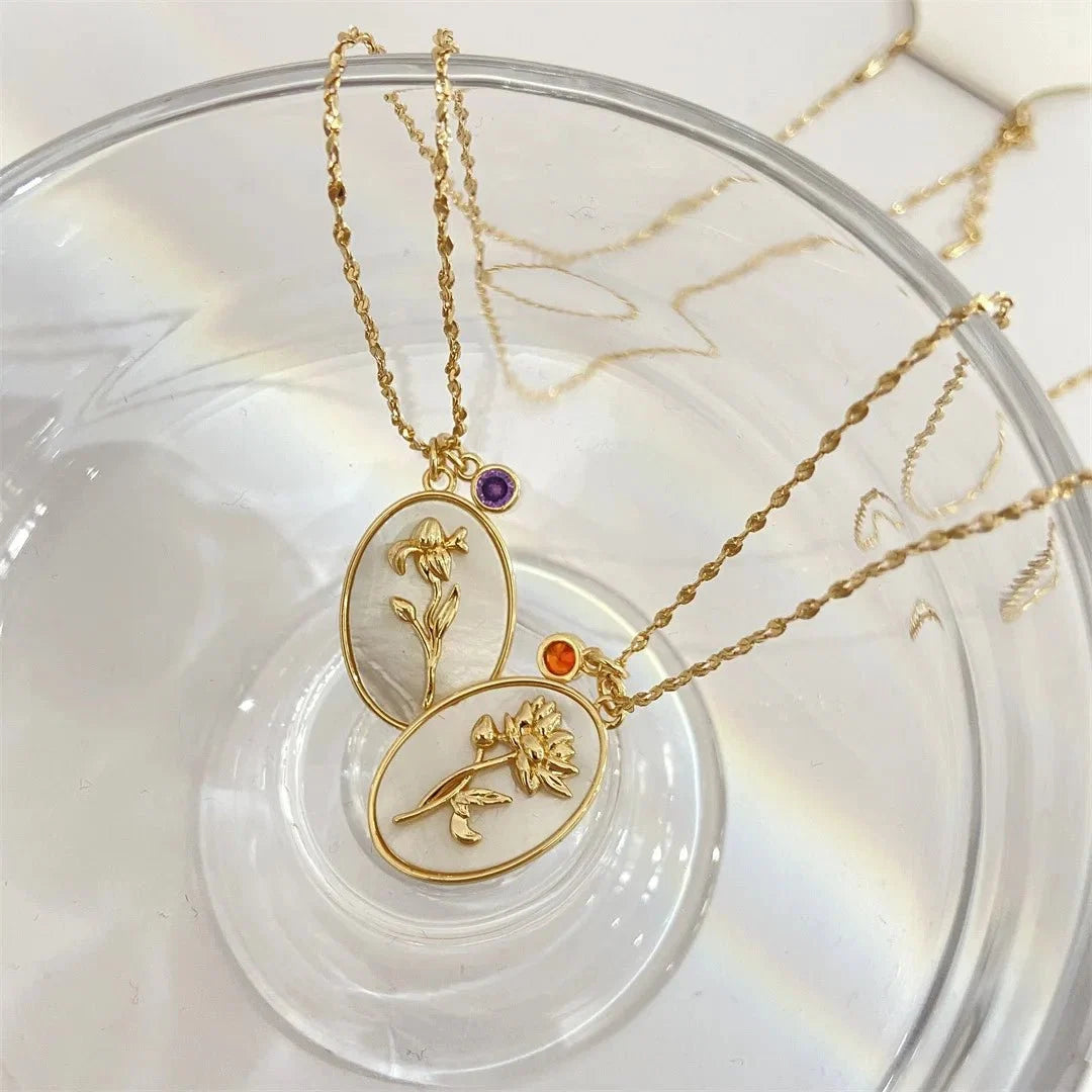 14k Dainty Birth Month Stone & Flower Charm Necklace