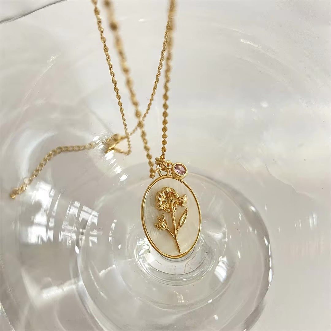 14k Dainty Birth Month Stone & Flower Charm Necklace