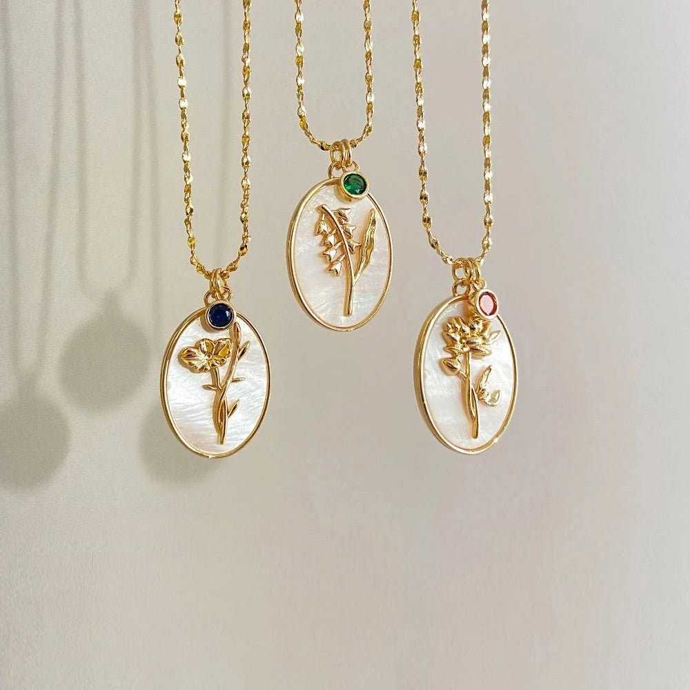 14k Dainty Birth Month Stone & Flower Charm Necklace