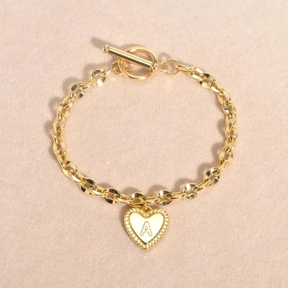 14k Dainty Heart Engraved Letter Initial Bracelet