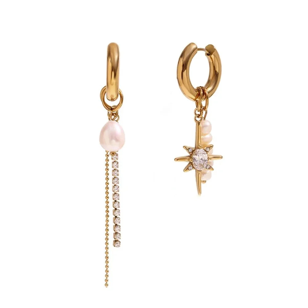 18k Asymmetrical Pearl Diamond Hoop Earrings