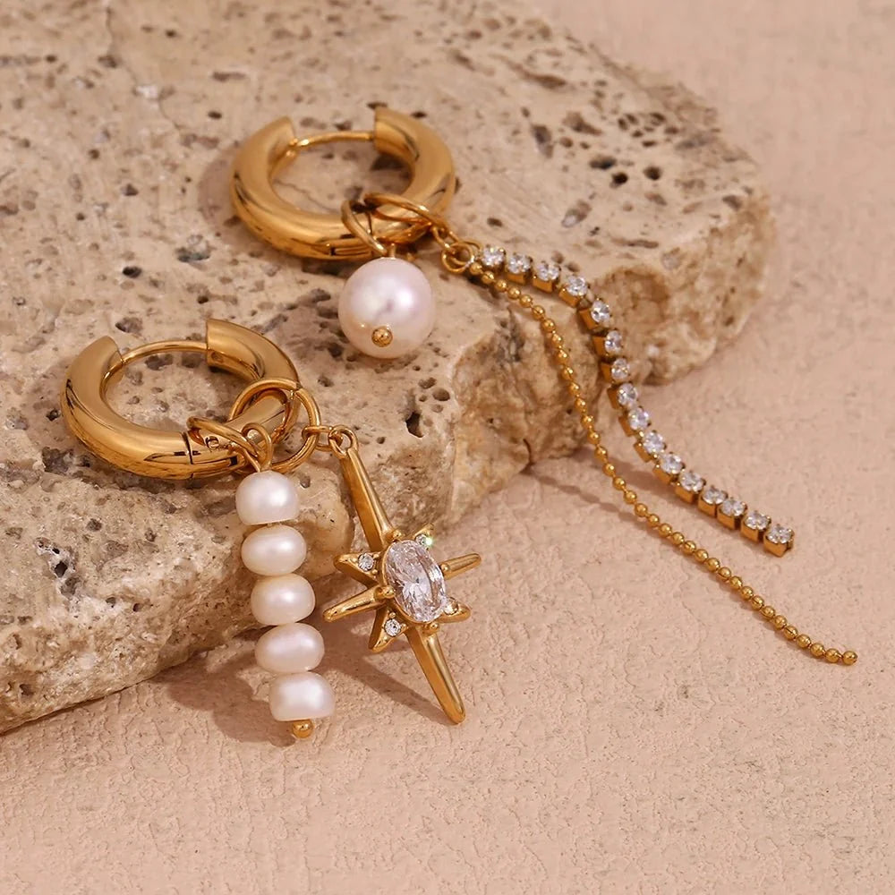 18k Asymmetrical Pearl Diamond Hoop Earrings