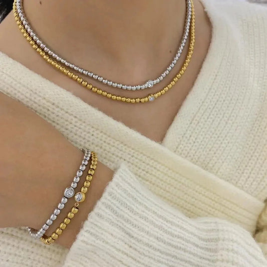 18k Beaded Diamond Center Necklace and Bracelets