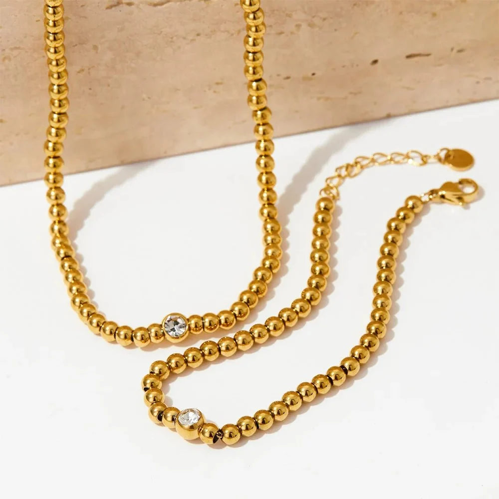 18k Beaded Diamond Center Necklace and Bracelets