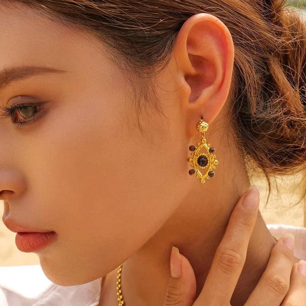18k Boho Evil Eye Bead Accented Earrings