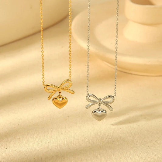 18k Dainty Bow & Heart Necklace