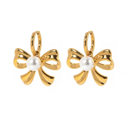 18k Dainty Bow Pearl Center Necklace, Earring, Ring Set