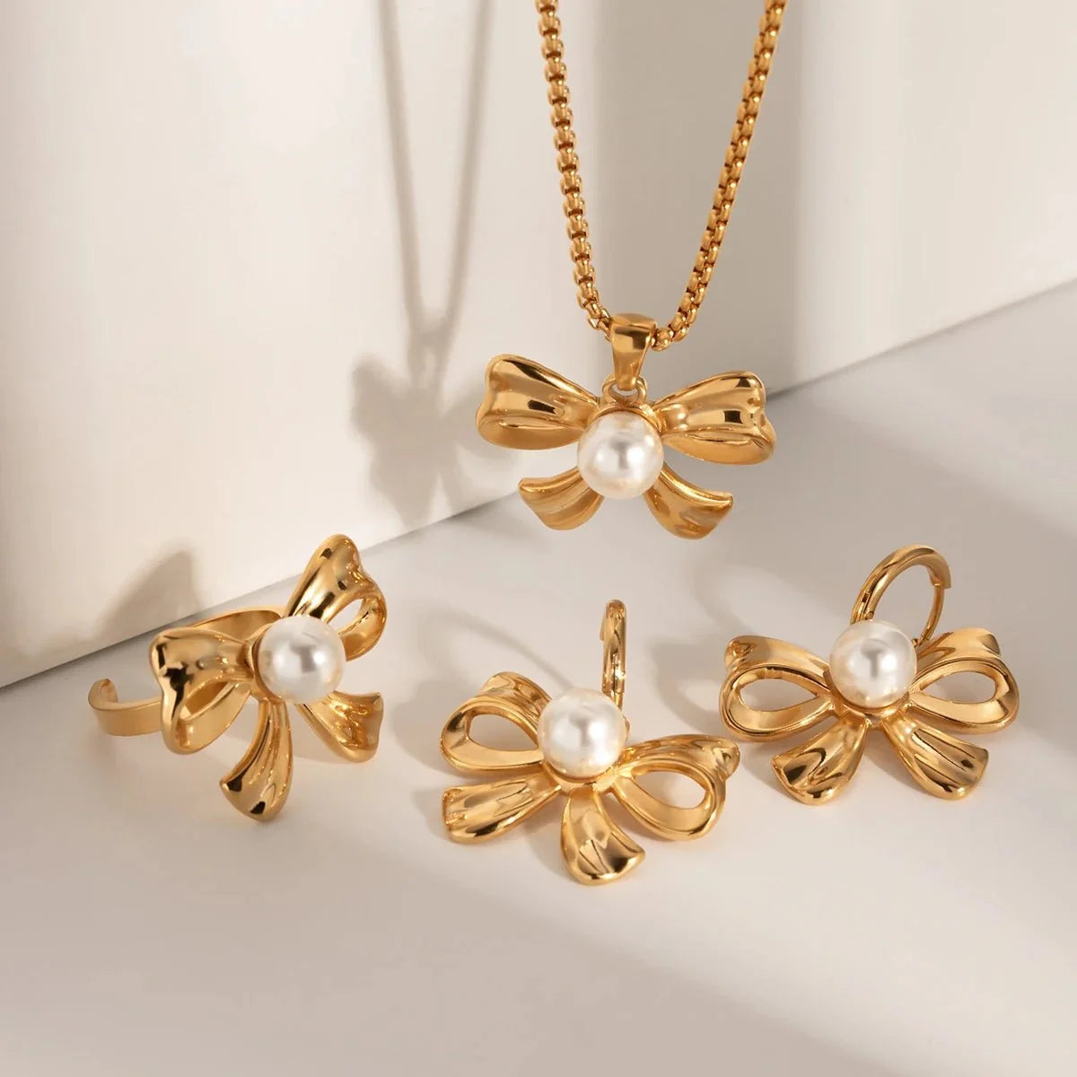 18k Dainty Bow Pearl Center Necklace, Earring, Ring Set