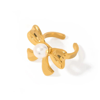 18k Dainty Bow Pearl Center Necklace, Earring, Ring Set