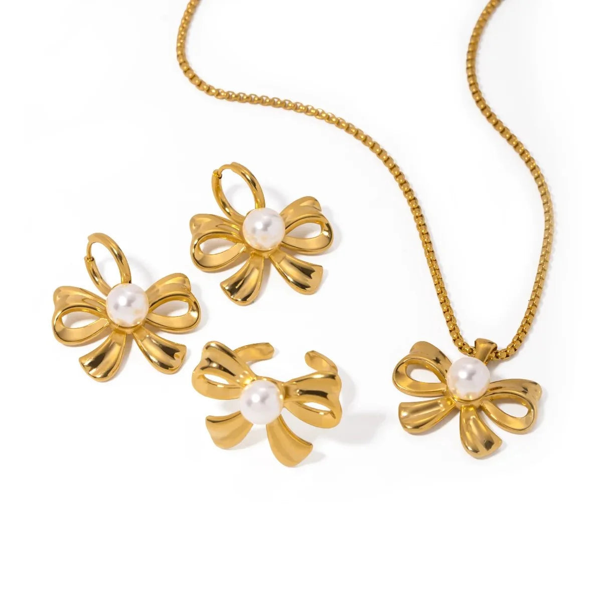 18k Dainty Bow Pearl Center Necklace, Earring, Ring Set