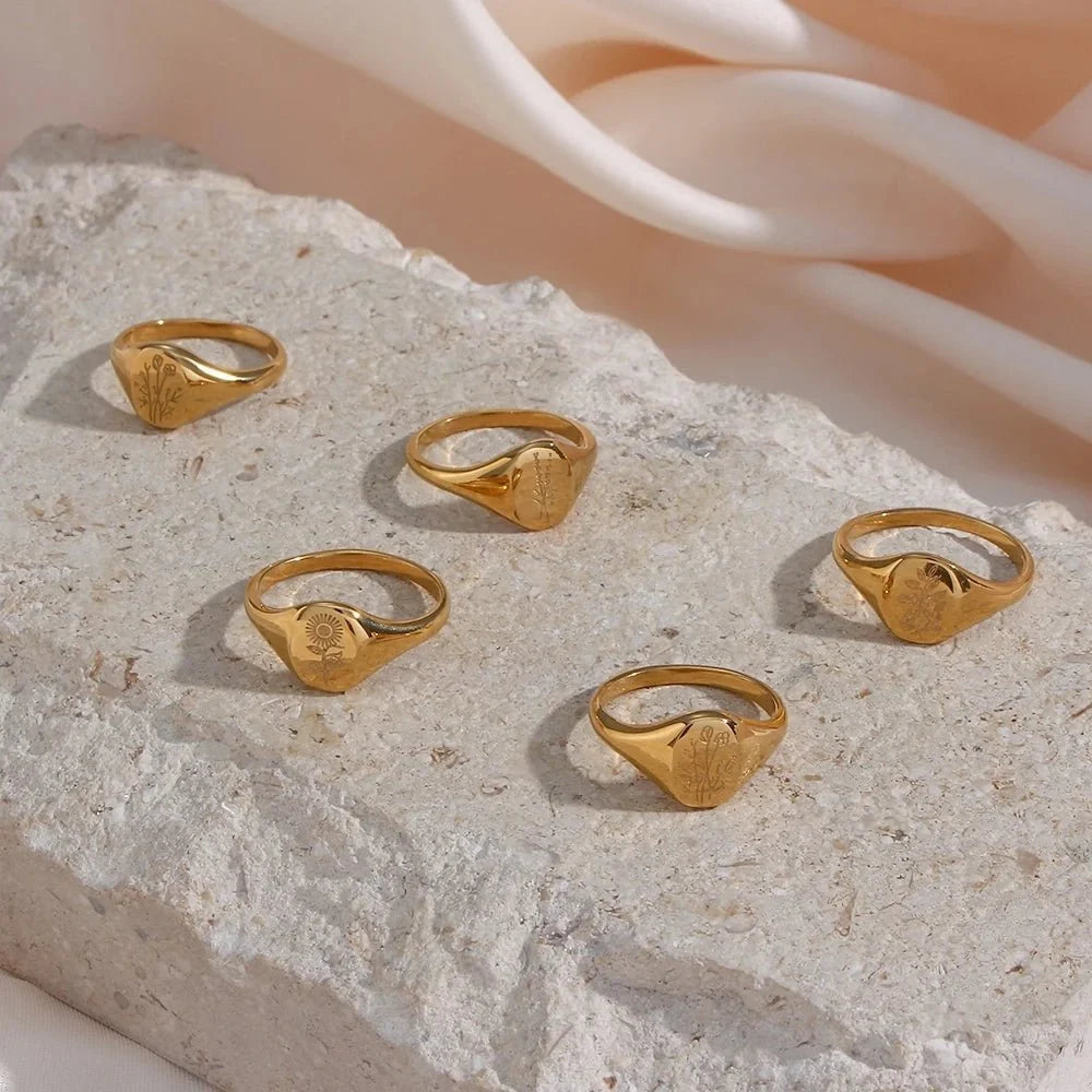 18k Dainty Floral Signet Rings