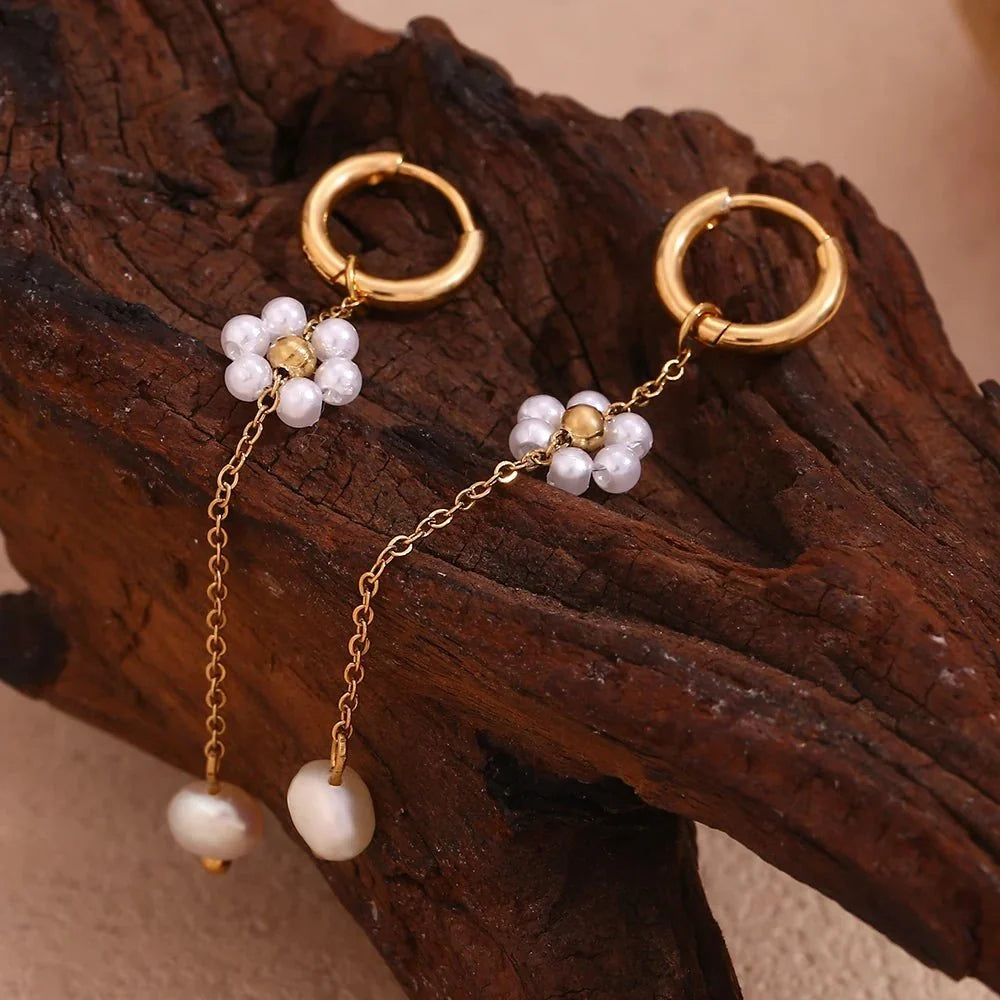 18k Dangling Floral Pearl Earrings