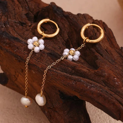 18k Dangling Floral Pearl Earrings