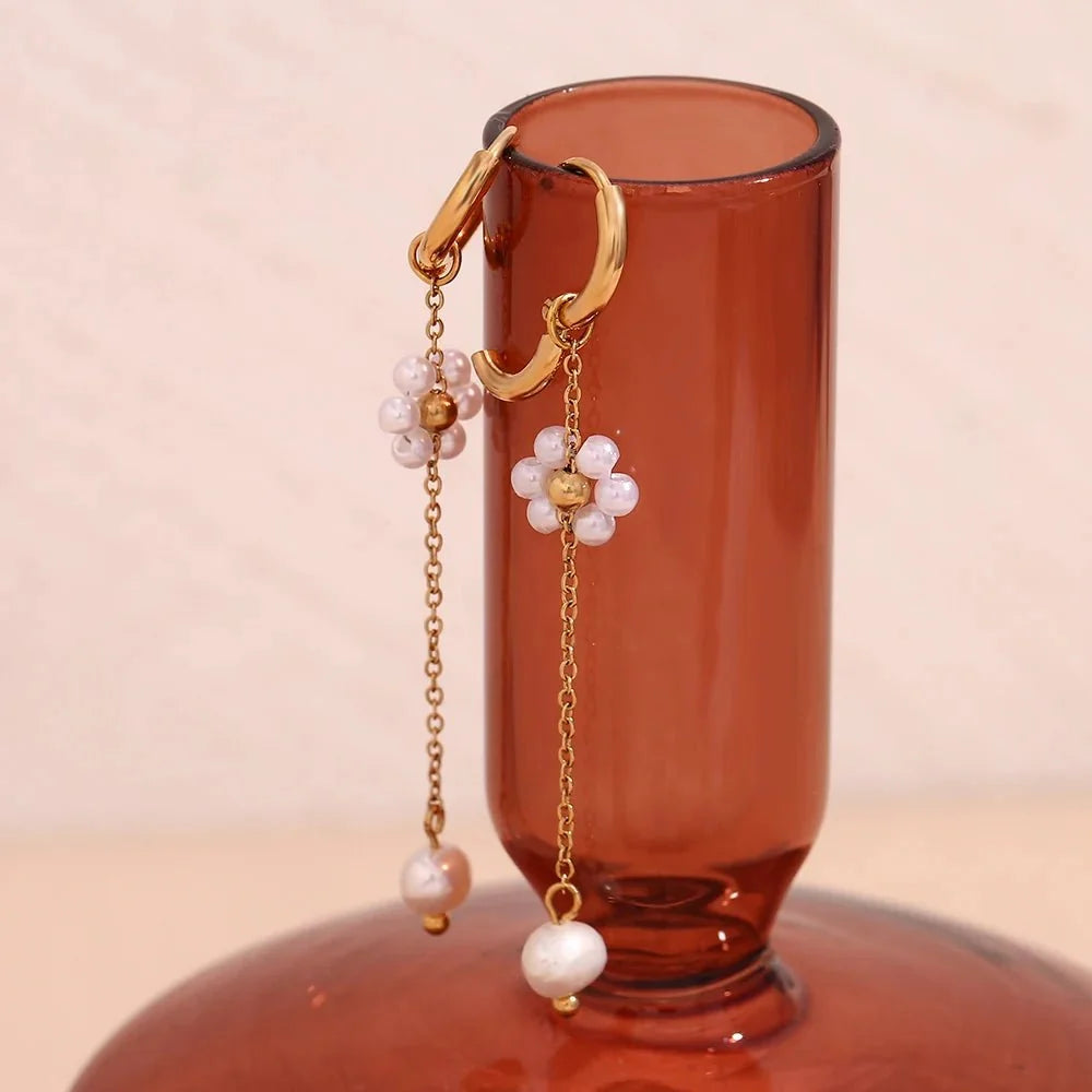 18k Dangling Floral Pearl Earrings