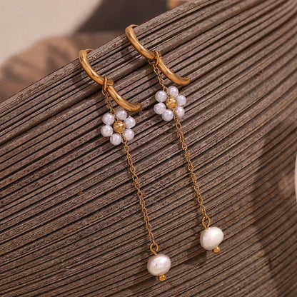 18k Dangling Floral Pearl Earrings