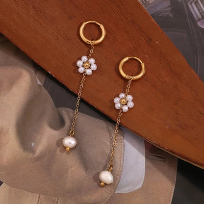 18k Dangling Floral Pearl Earrings