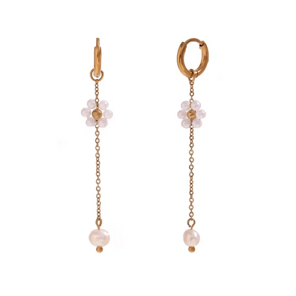 18k Dangling Floral Pearl Earrings