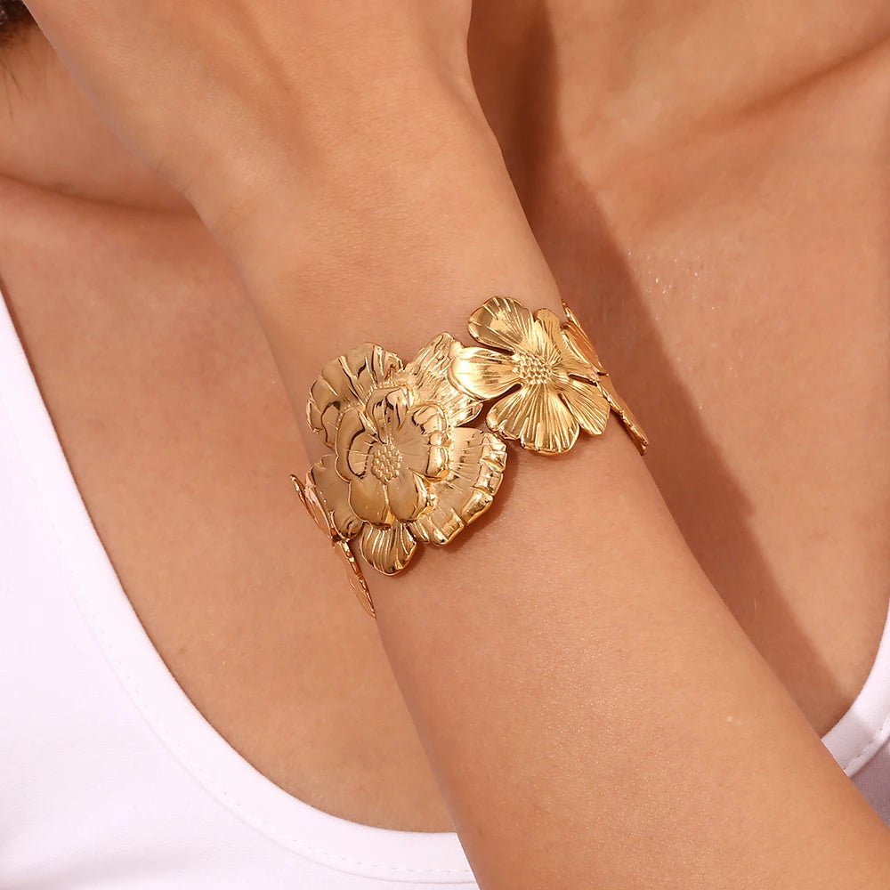 18k Floral Cuff Bangle Bracelets