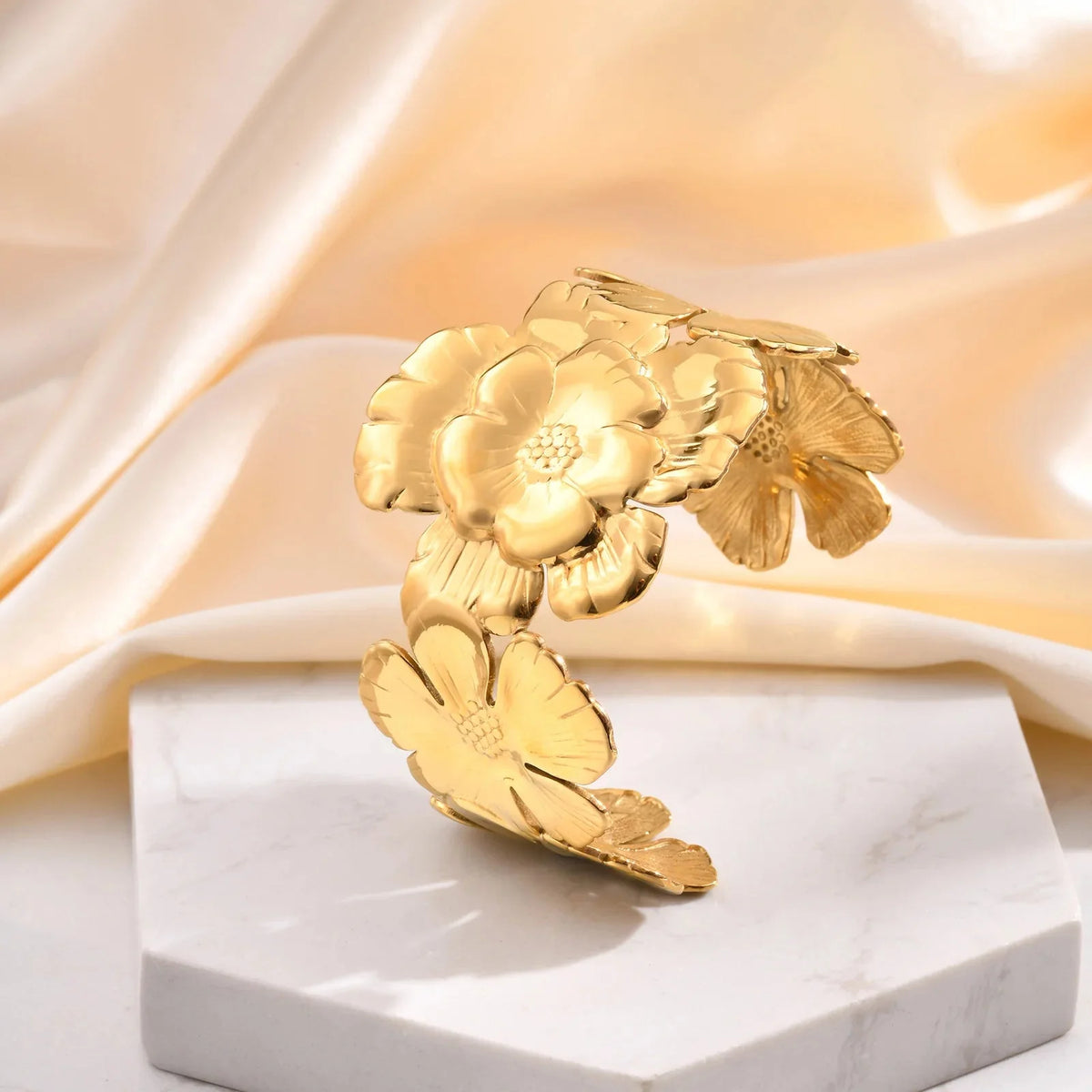 18k Floral Cuff Bangle Bracelets