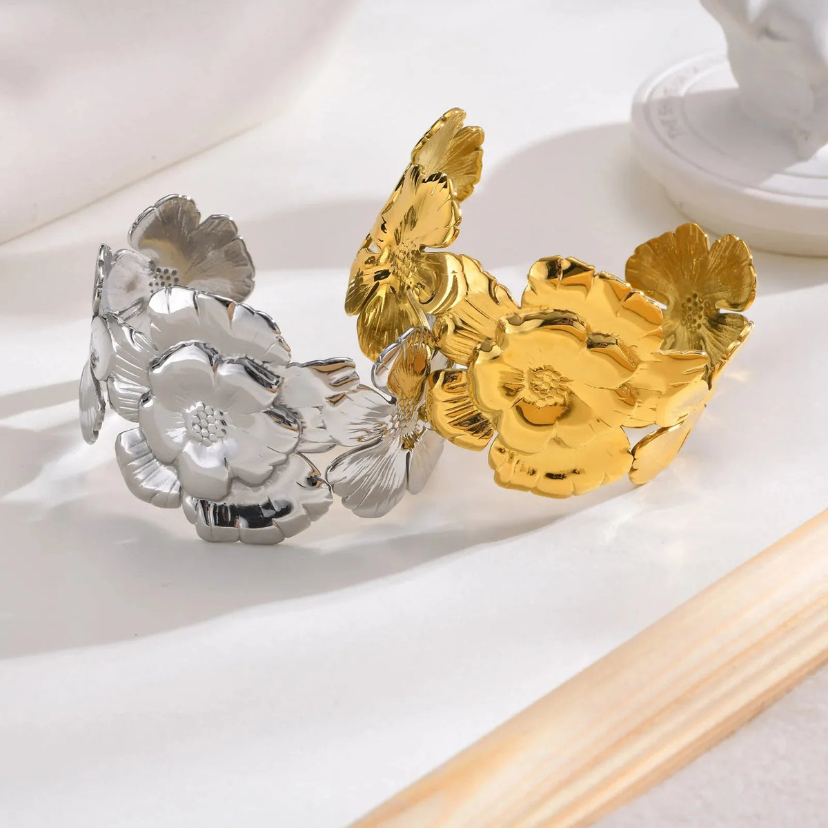 18k Floral Cuff Bangle Bracelets