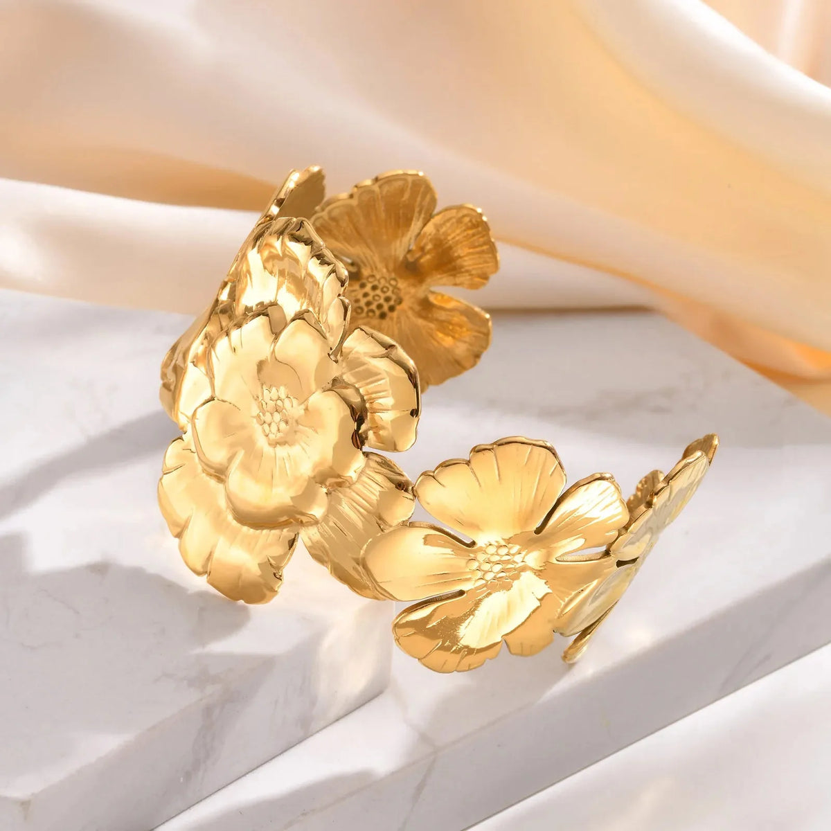 18k Floral Cuff Bangle Bracelets