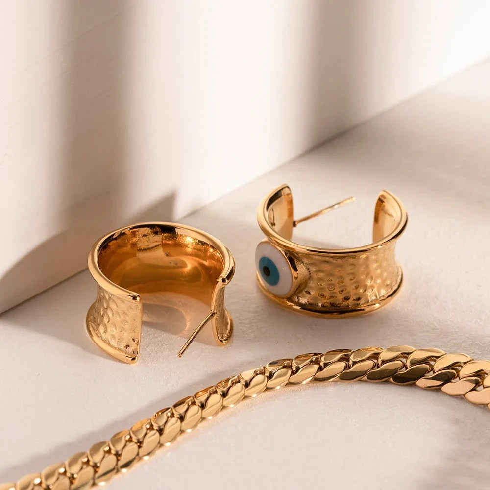 18k Gold Textured Evil Eye Hoop Earrings