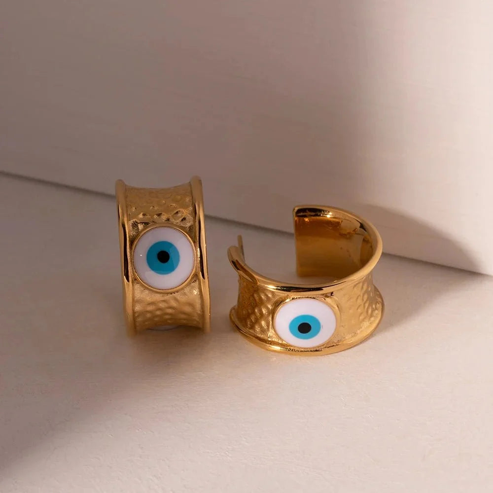 18k Gold Textured Evil Eye Hoop Earrings