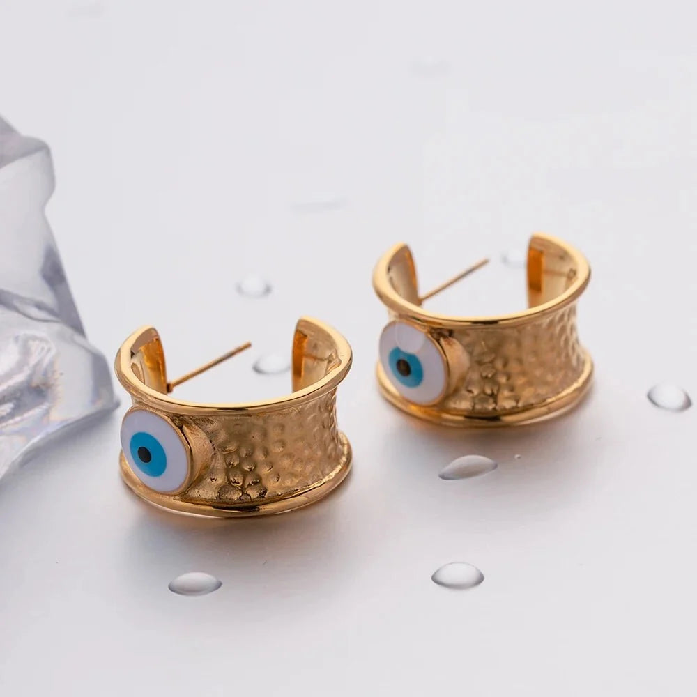 18k Gold Textured Evil Eye Hoop Earrings