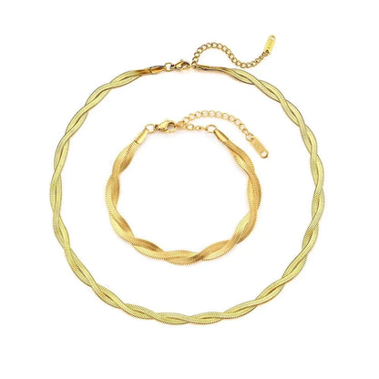 18k Interwoven Herringbone Chain Necklace and Bracelet Set