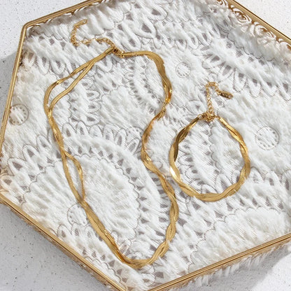 18k Interwoven Herringbone Chain Necklace and Bracelet Set