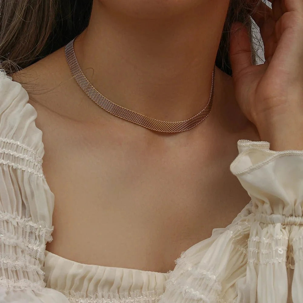 18k Layered Gold Mesh Choker Necklace and Bracelet